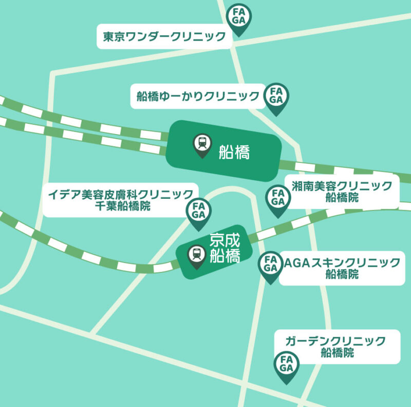 千葉の女性薄毛治療おすすめクリニック地図(船橋)